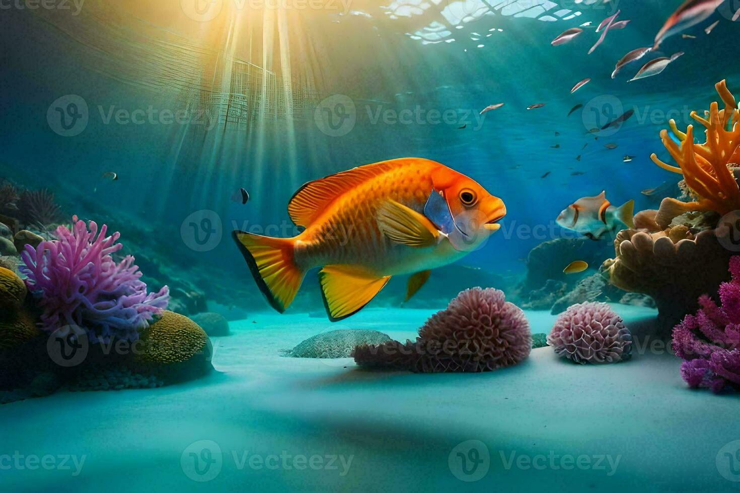 photo wallpaper fish, the ocean, coral, sun, rays, rays of light, rays of. AI-Generated