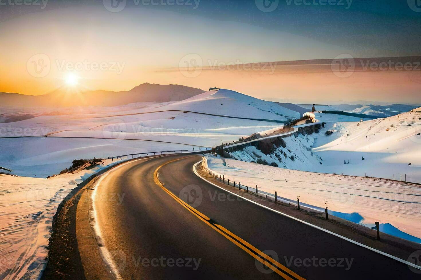 a road in the snow with the sun setting behind it. AI-Generated photo