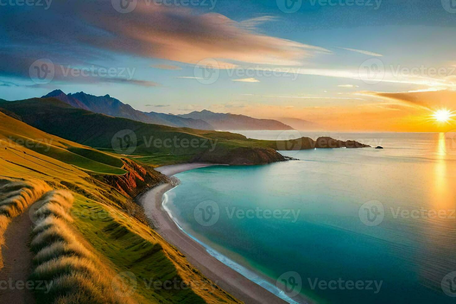 the sun sets over the ocean and grassy hills. AI-Generated photo