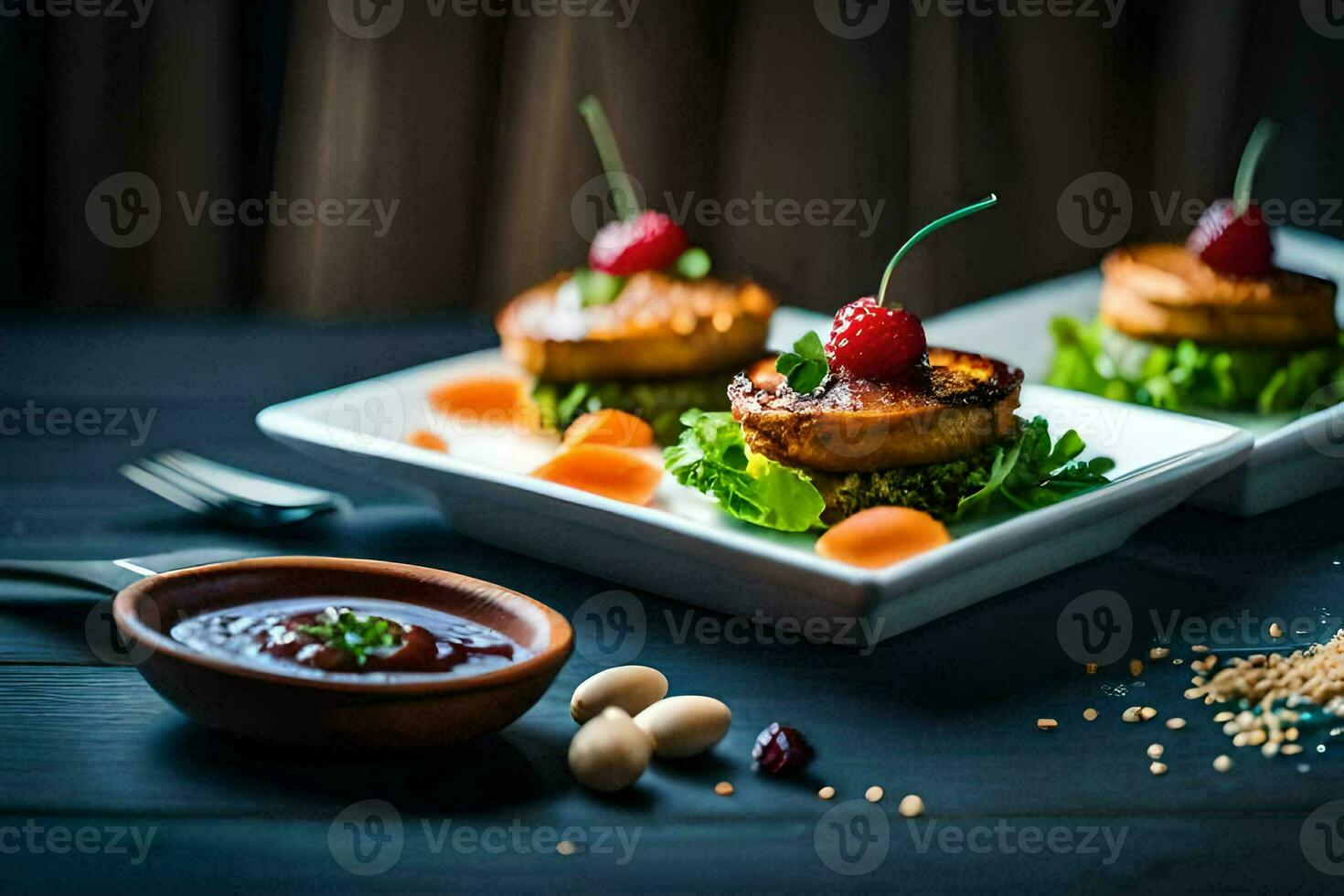 dos pequeño platos con comida en a ellos. generado por ai foto