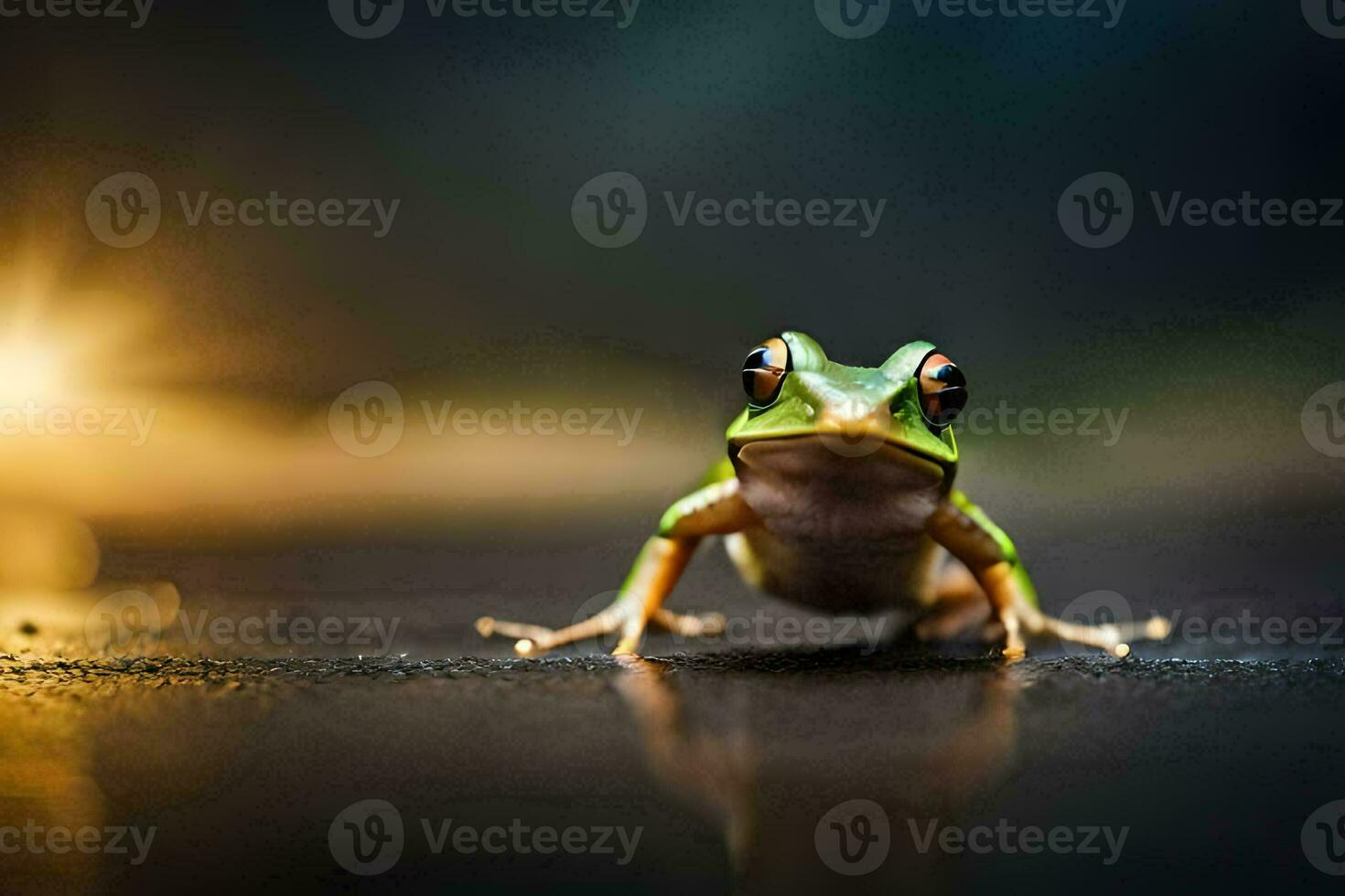 a frog is sitting on the ground in front of a bright light. AI-Generated photo