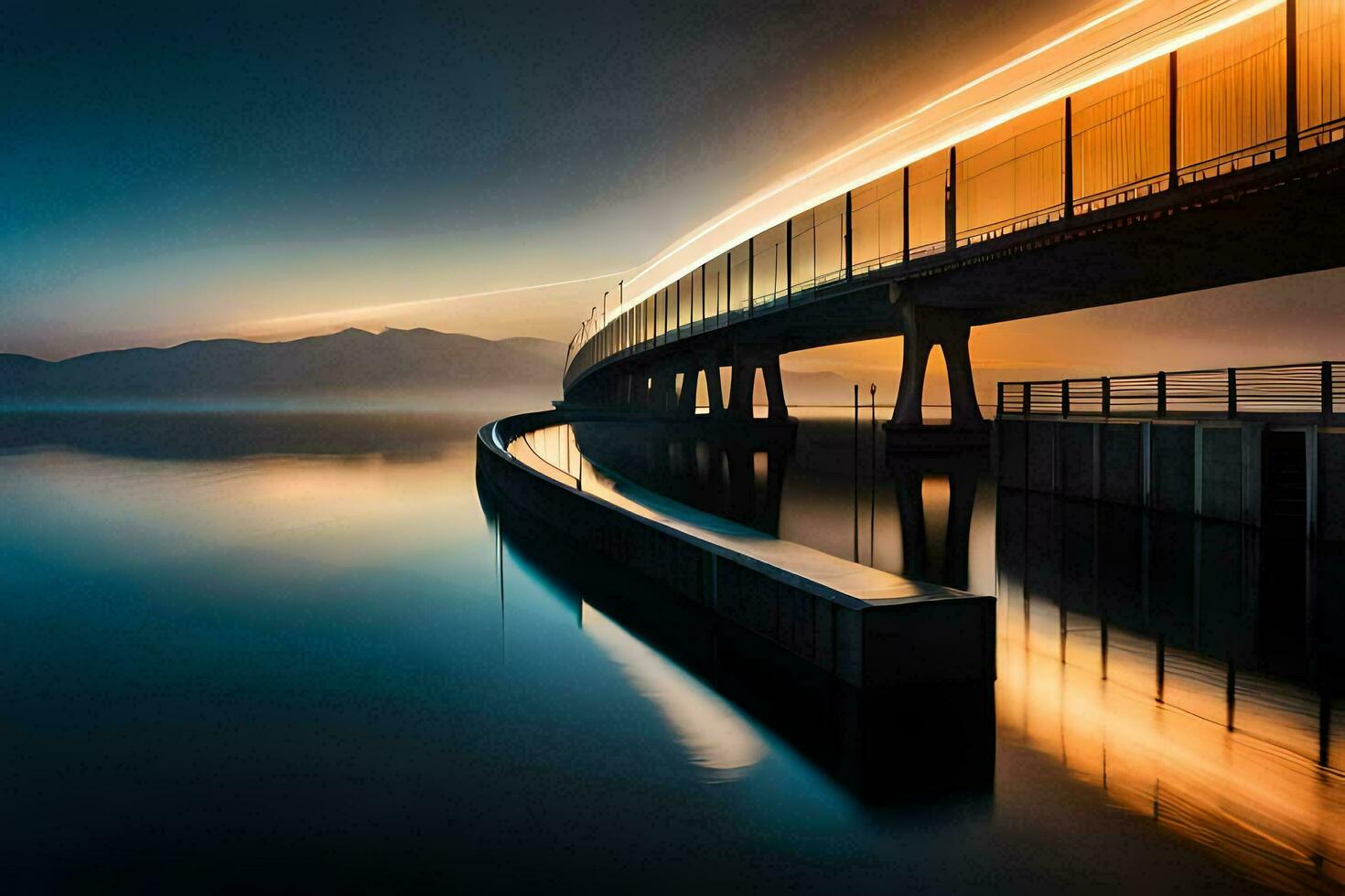 a long exposure photograph of a bridge at sunset. AI-Generated photo