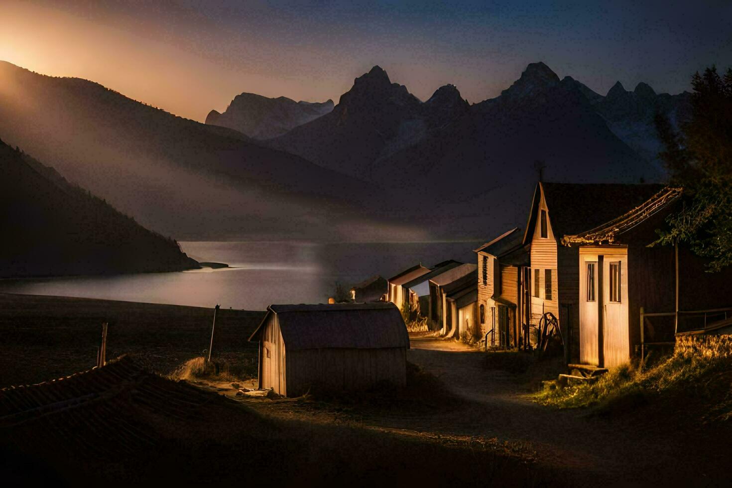 a small village in the mountains at sunset. AI-Generated photo