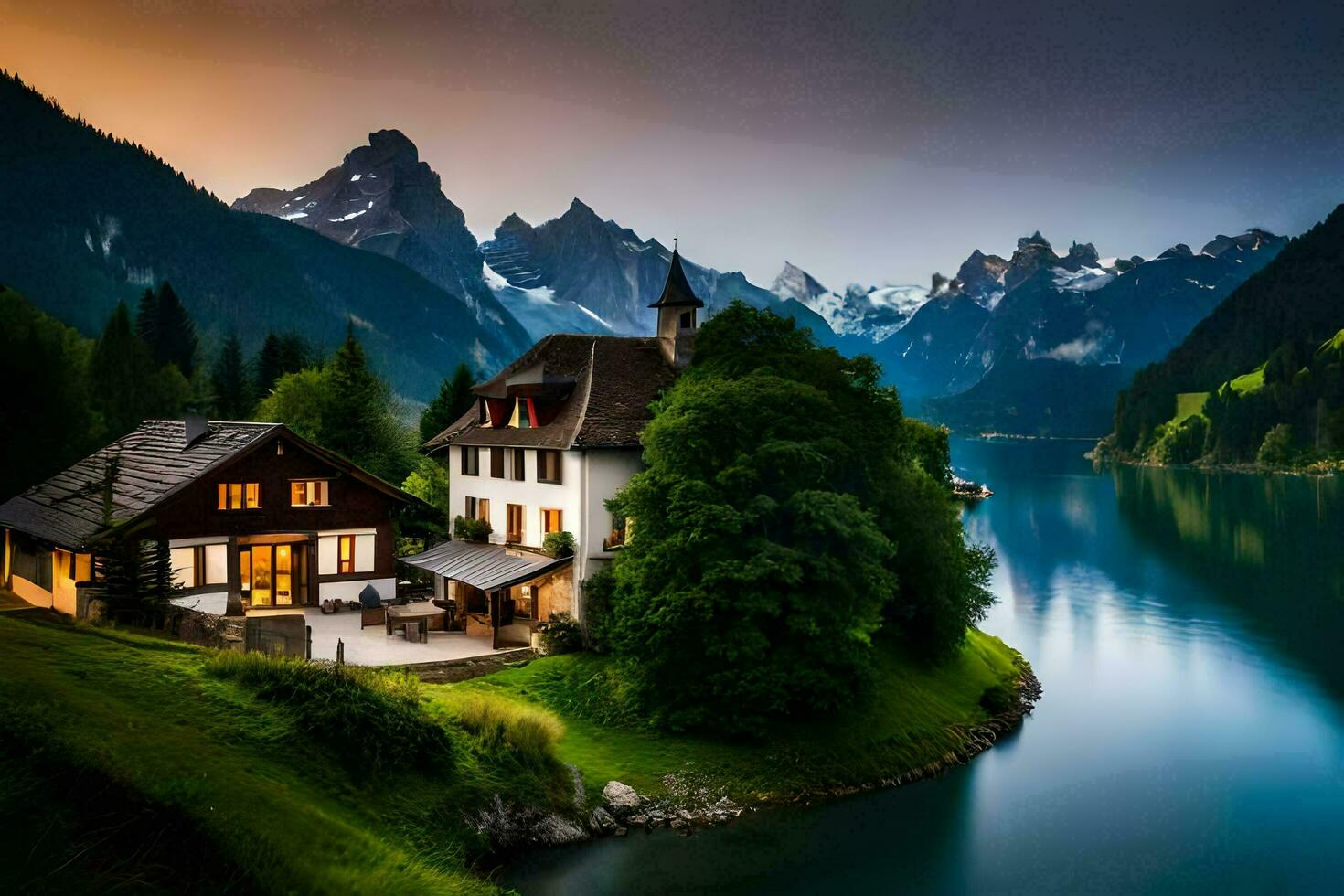 photo wallpaper mountains, the sky, lake, house, the house, the lake, the mountains. AI-Generated