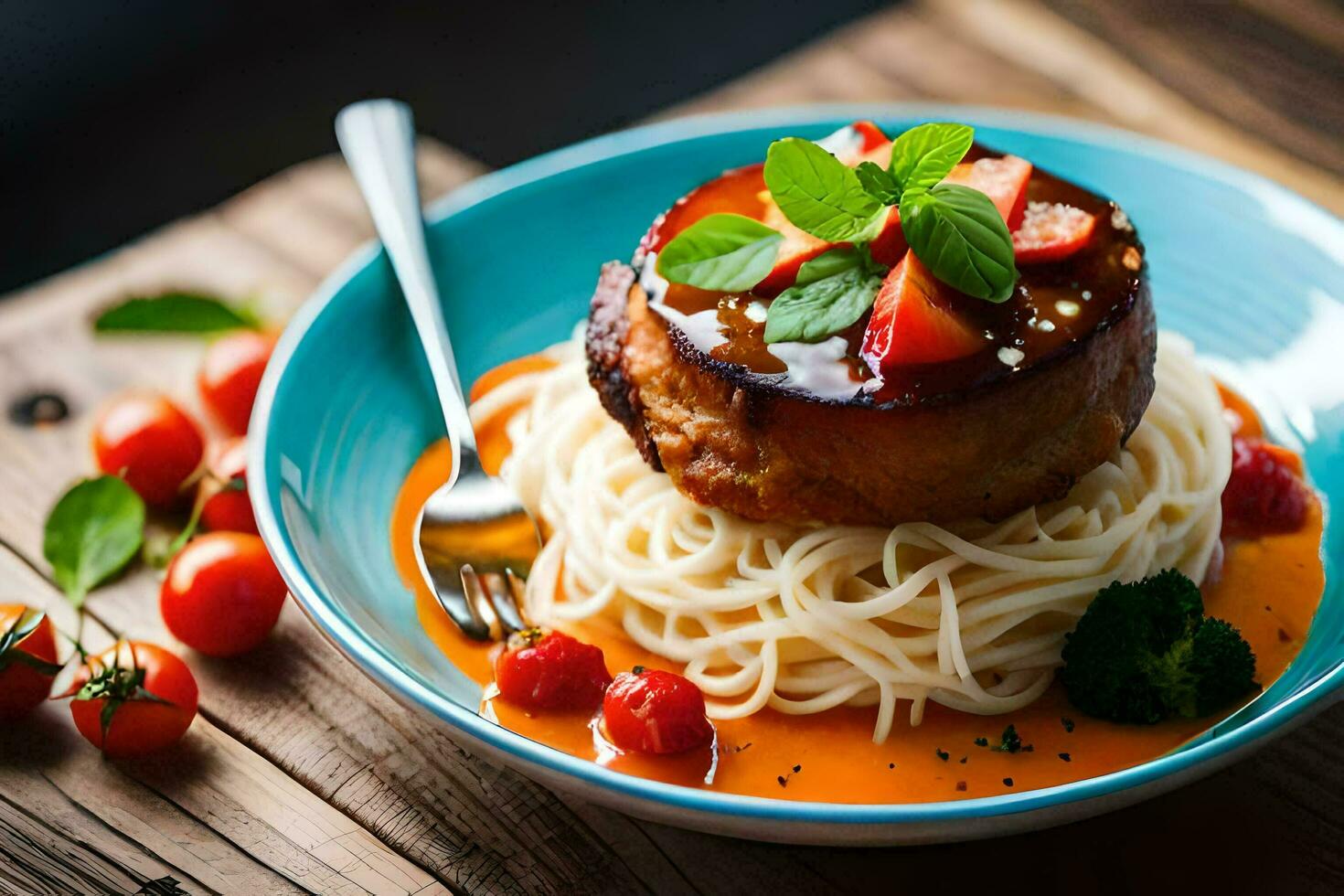 the food is served on a plate with a fork and a spoon. AI-Generated photo