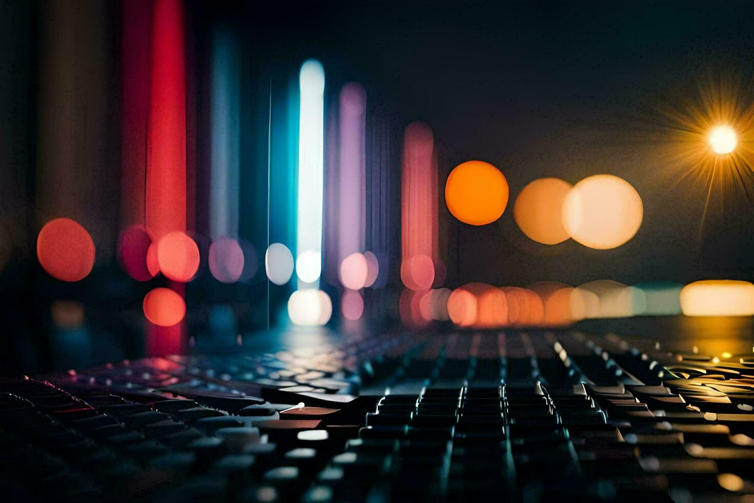 a computer keyboard with lights in the background. AI-Generated photo