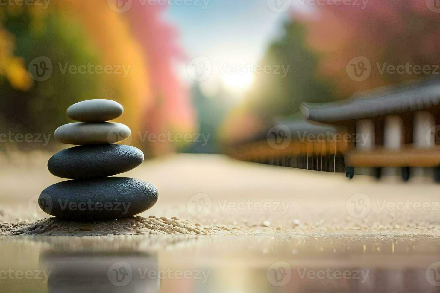 a stack of stones sitting on the ground in front of a building. AI-Generated photo