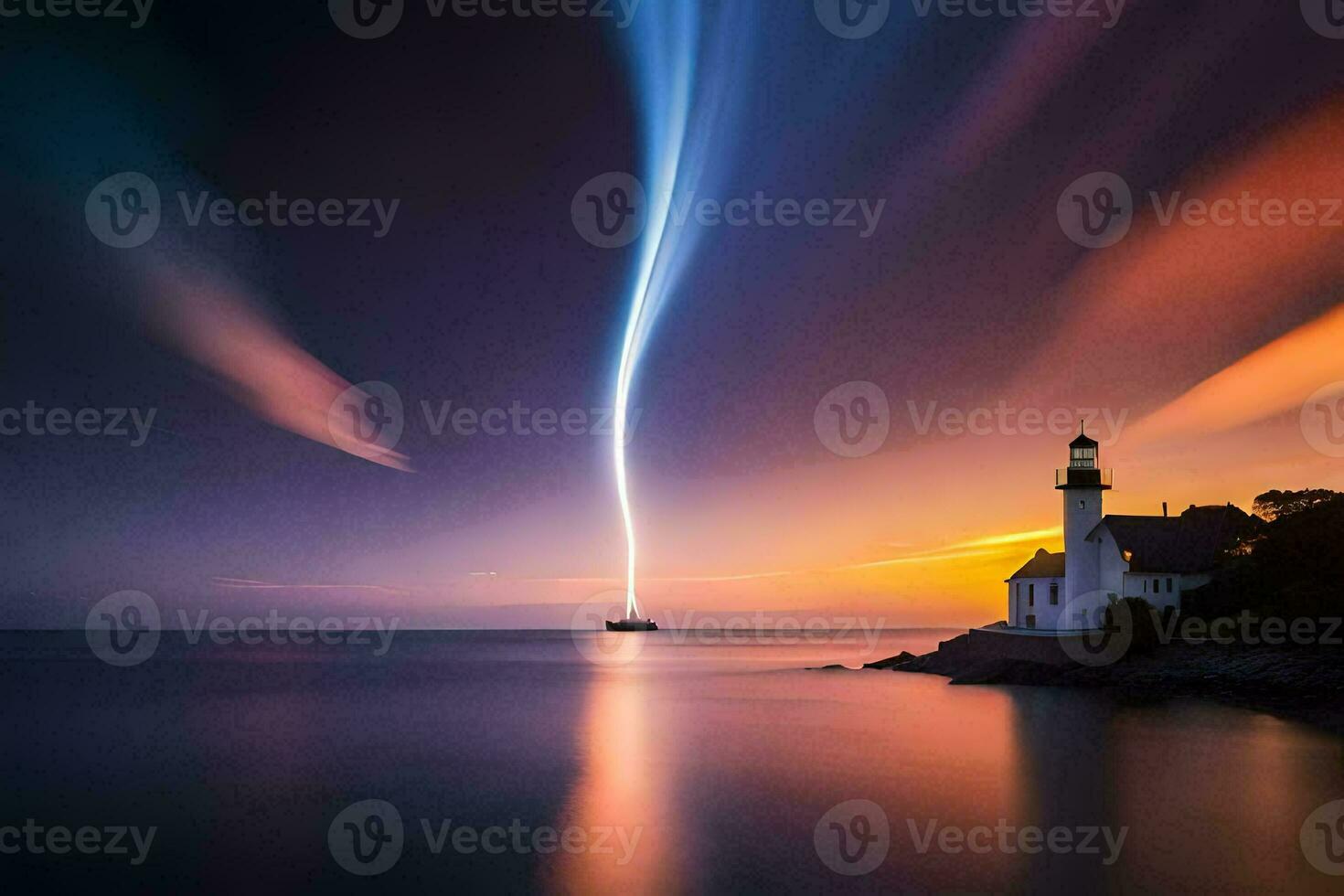 a lighthouse is lit up by a long exposure photo. AI-Generated photo