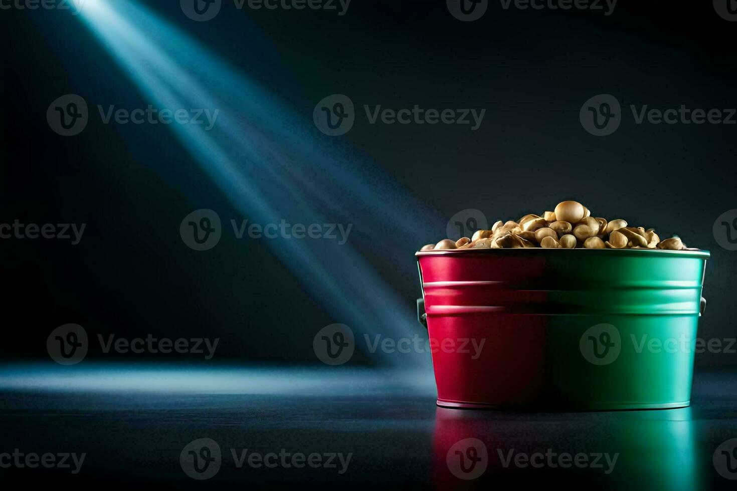 a bucket filled with peanuts on a dark background. AI-Generated photo
