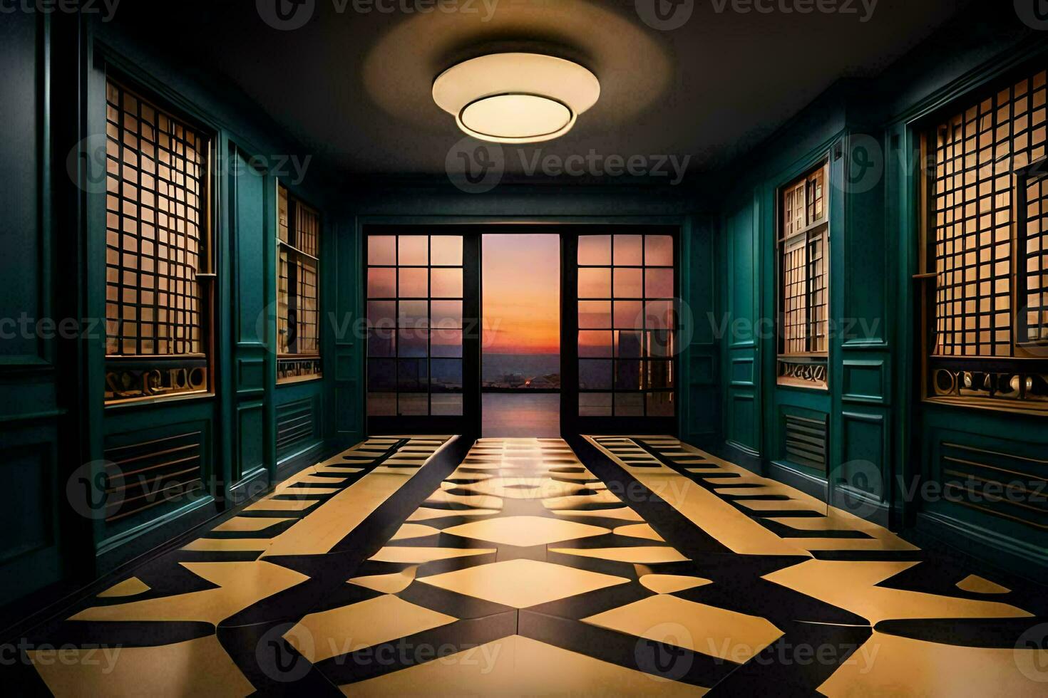 a hallway with a blue door and a black and white floor. AI-Generated photo