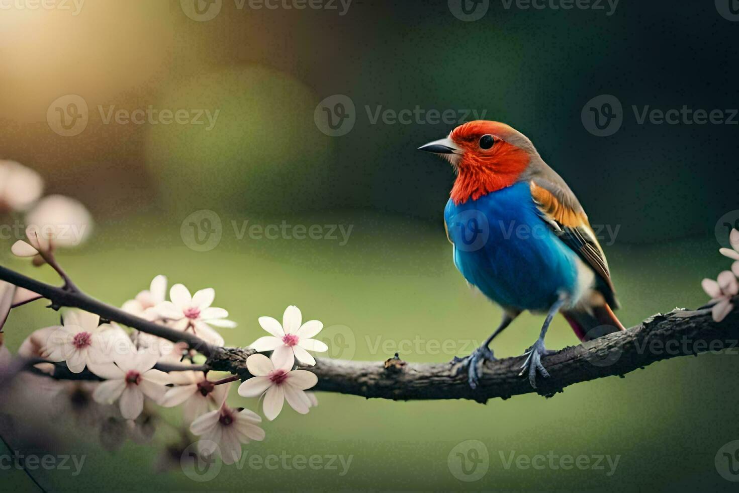 a colorful bird sits on a branch with flowers. AI-Generated photo