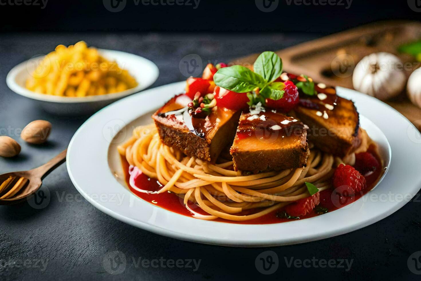 spaghetti with meat sauce and basil leaves on a white plate. AI-Generated photo