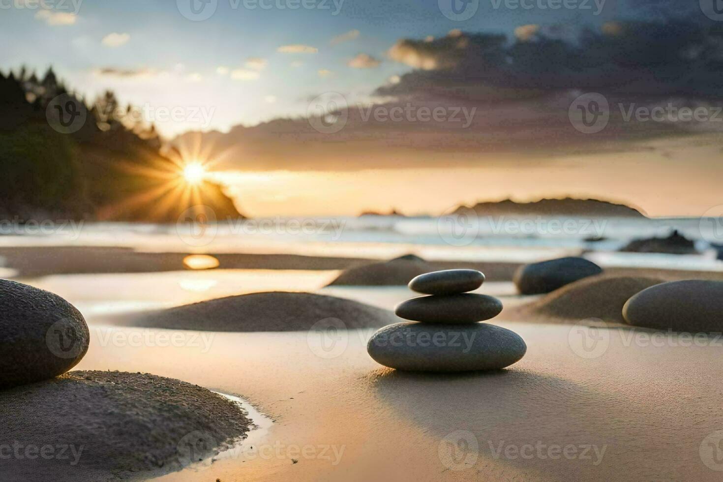 the sun sets over the ocean and rocks on the beach. AI-Generated photo