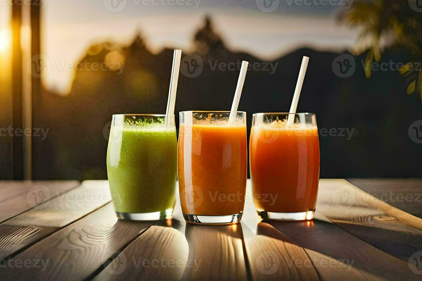 Tres lentes de jugo en un mesa. generado por ai foto