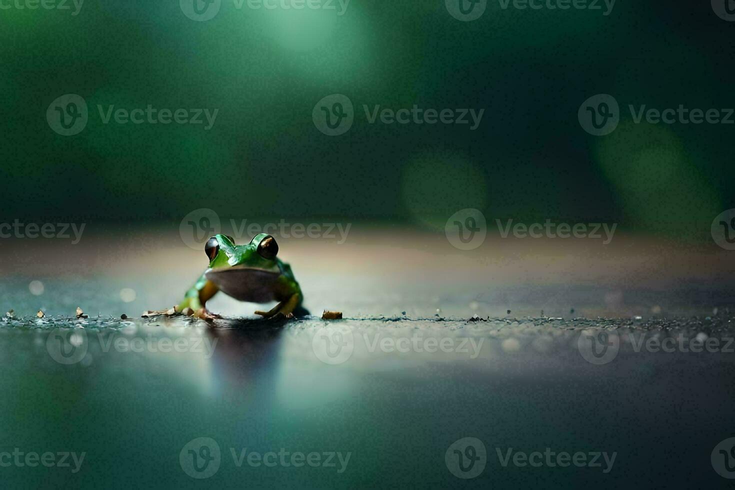 un rana sentado en el suelo en frente de un verde antecedentes. generado por ai foto