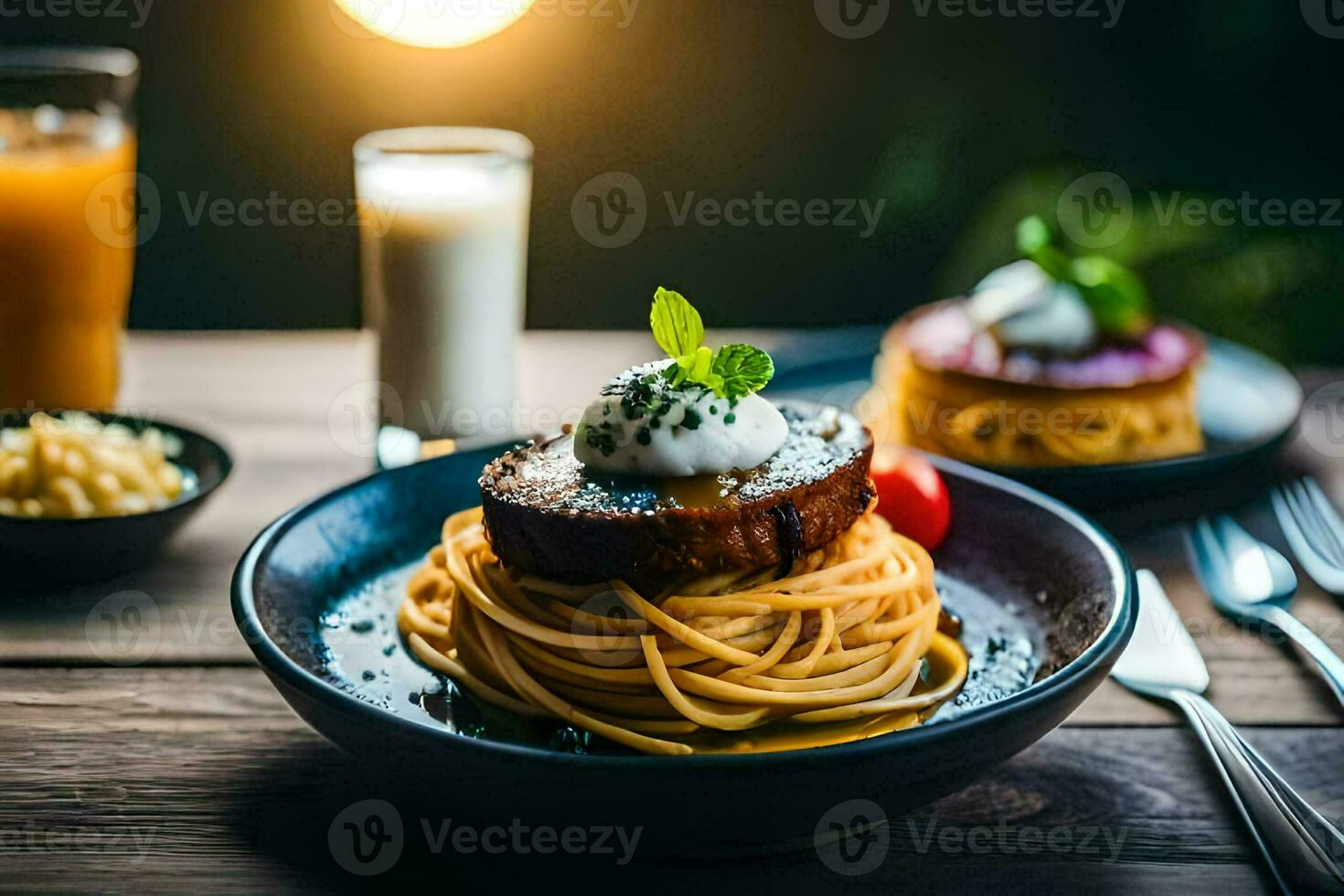 a plate of spaghetti with meat and cream on a wooden table. AI-Generated photo