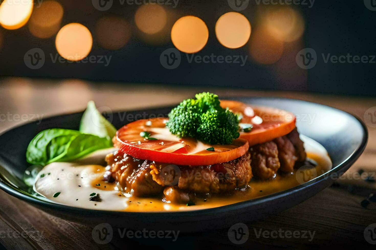 a plate of food with meat and vegetables. AI-Generated photo