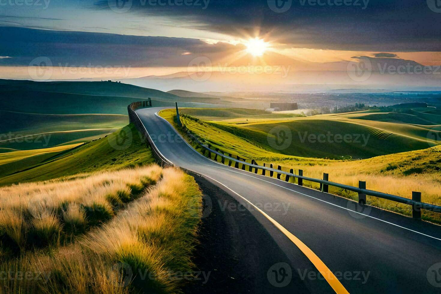 the road to the sunset. AI-Generated photo