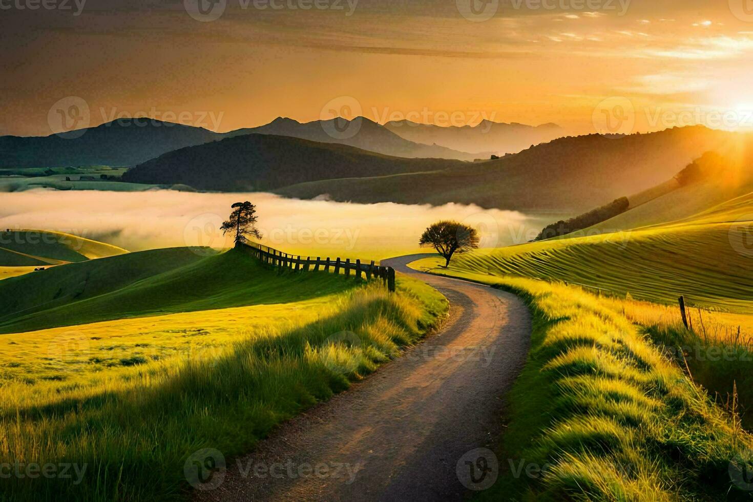 un la carretera devanado mediante un verde Valle a puesta de sol. generado por ai foto