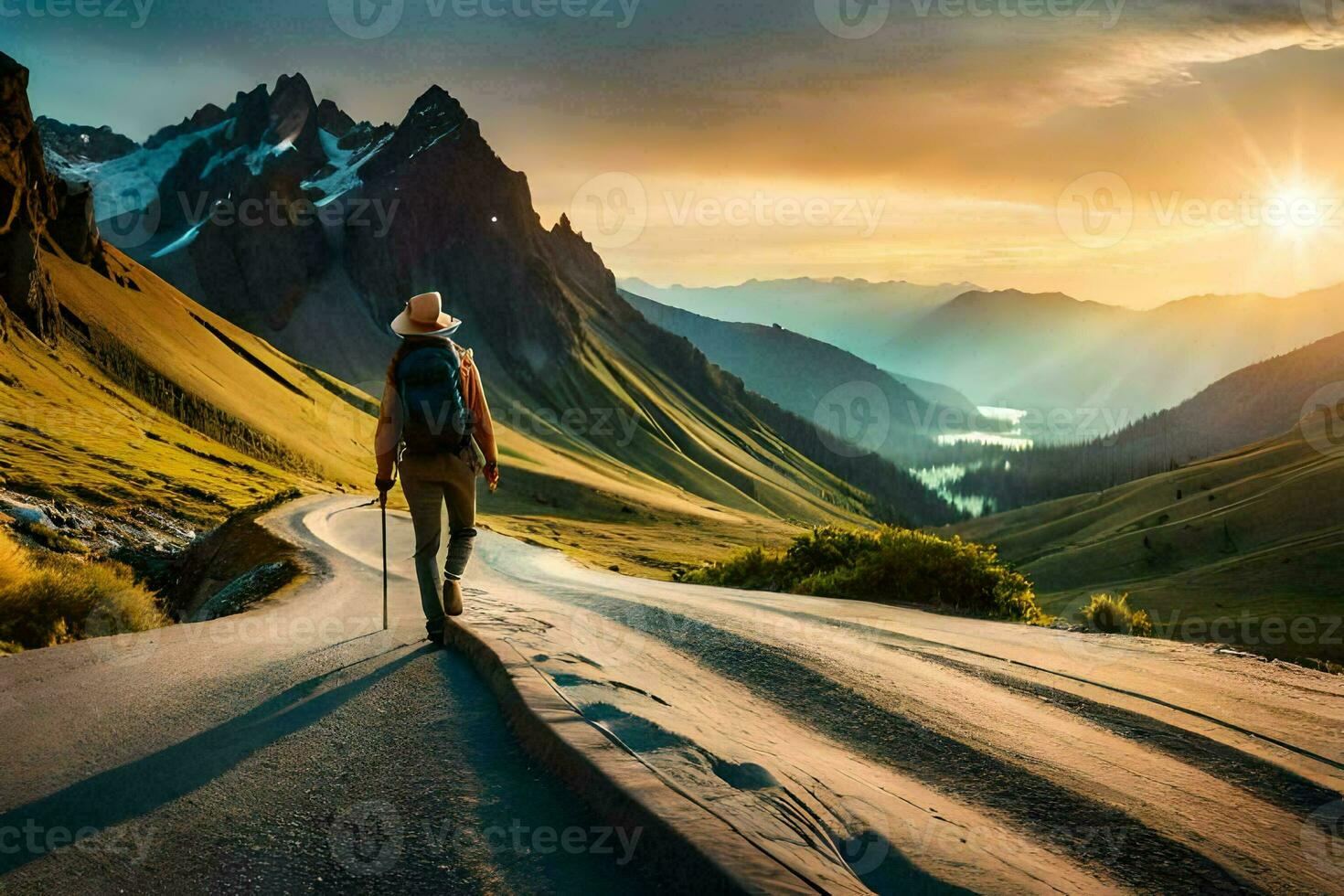 a man walking on a road in the mountains. AI-Generated photo