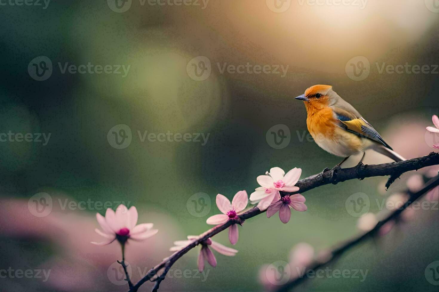 a bird sits on a branch with pink flowers. AI-Generated photo