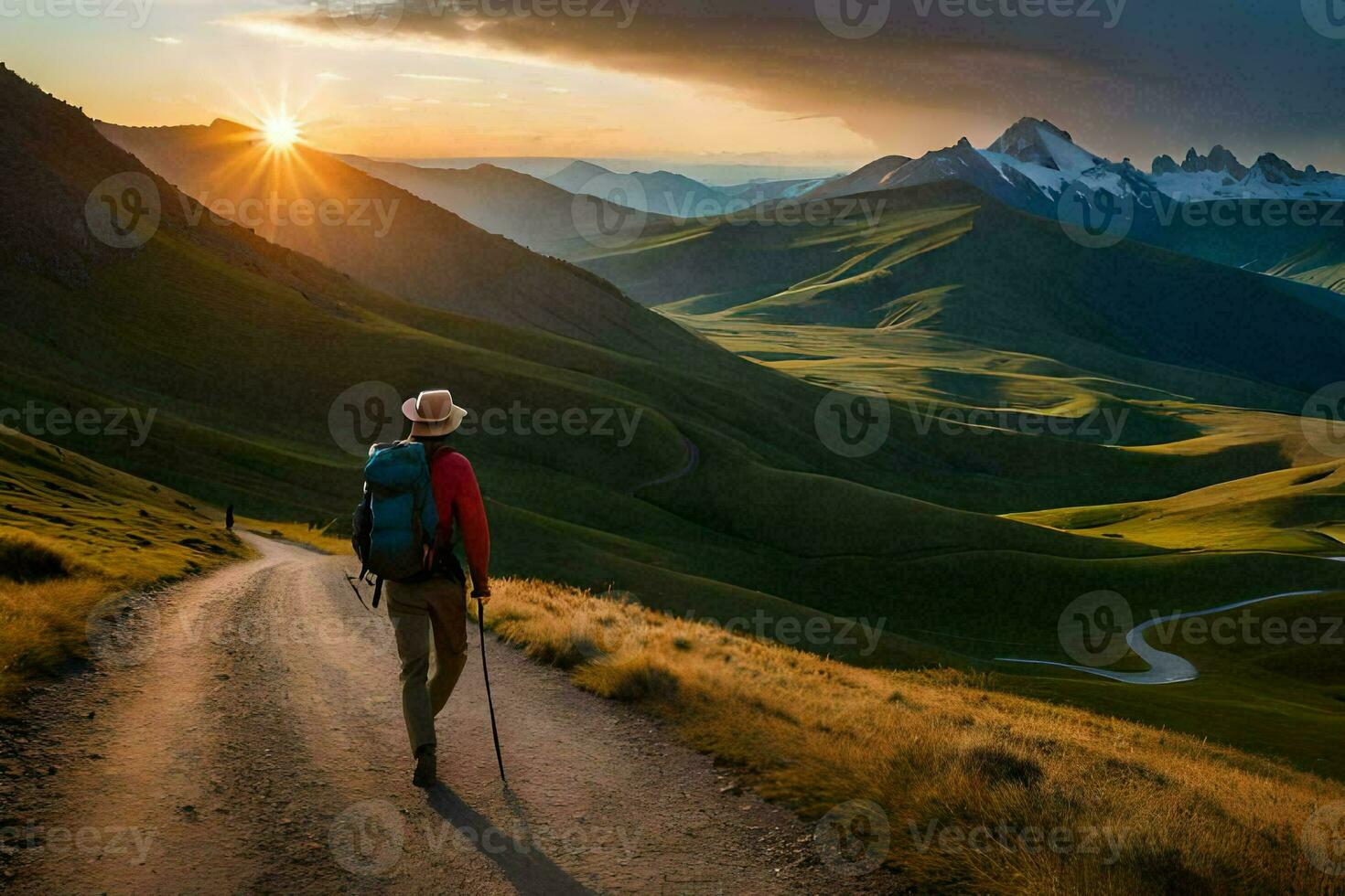 a man with backpack walking on a road in the mountains. AI-Generated photo