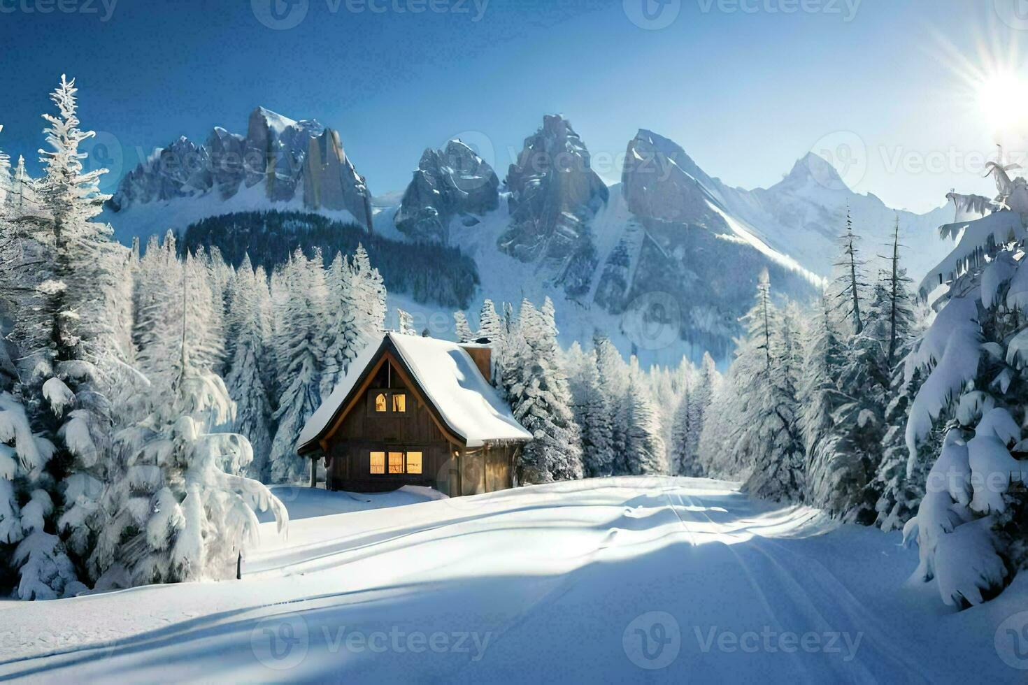 a cabin in the snow with trees and mountains. AI-Generated photo