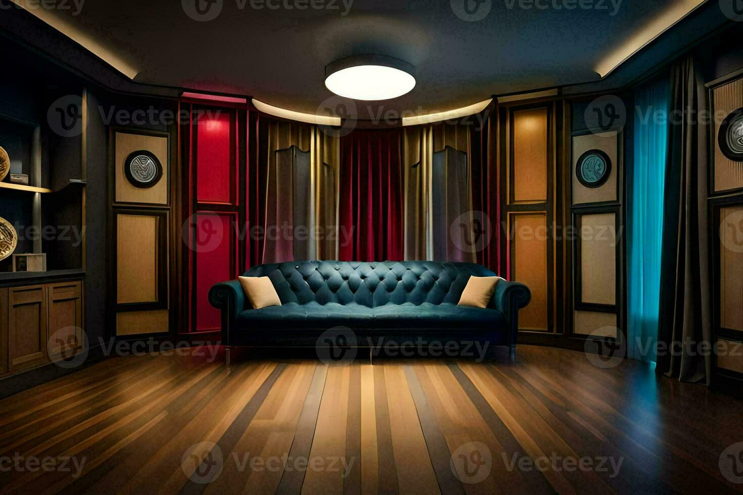 a room with a blue couch and wooden floor. AI-Generated photo