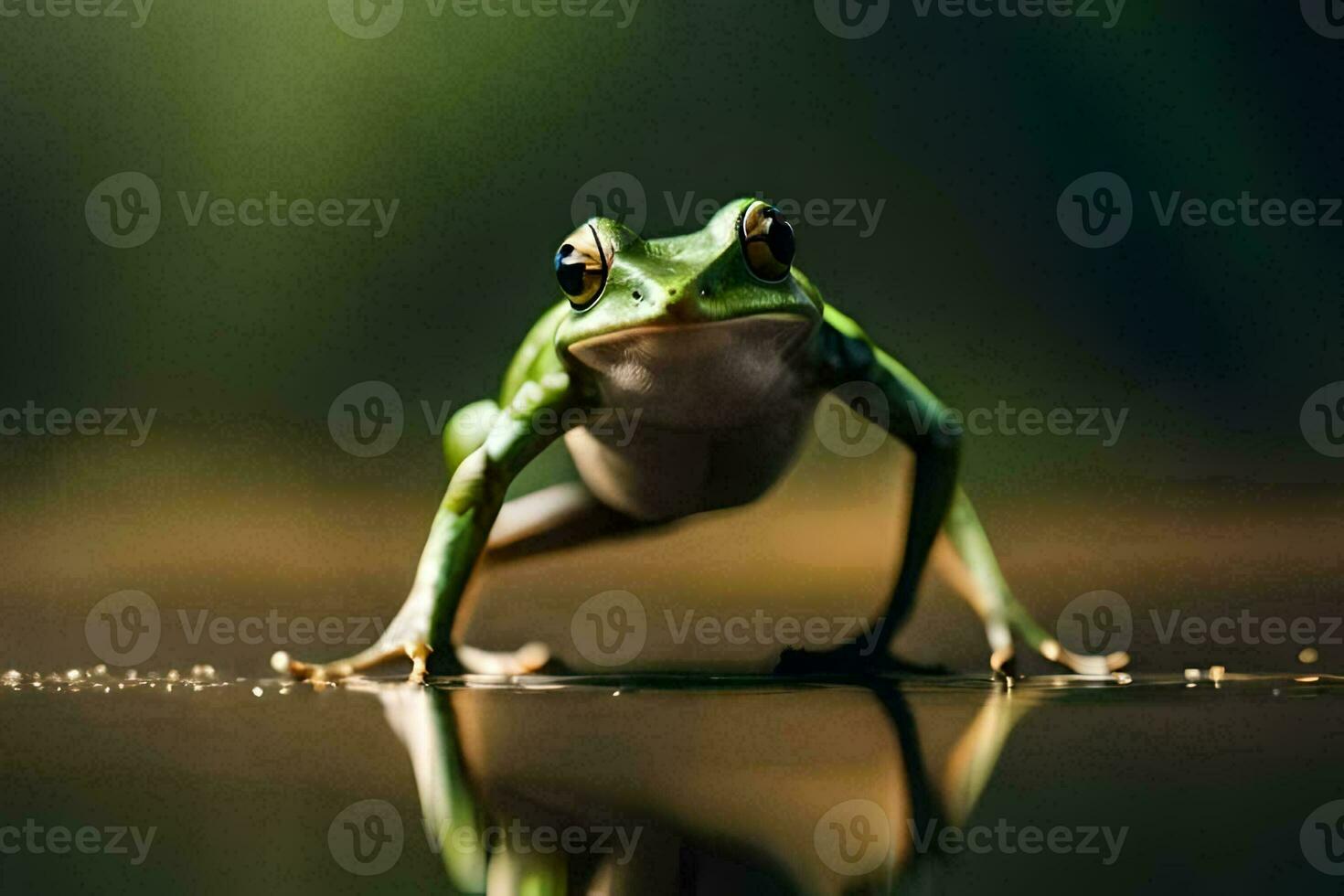 a frog is standing on its hind legs in the water. AI-Generated photo