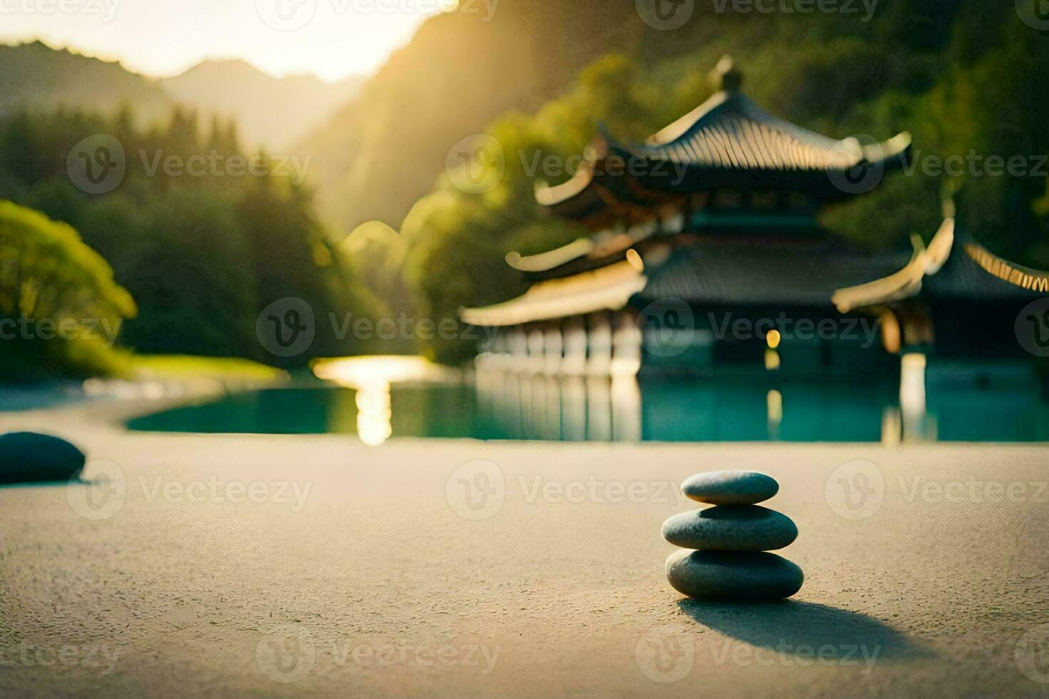 zen stone balancing in front of a lake. AI-Generated photo