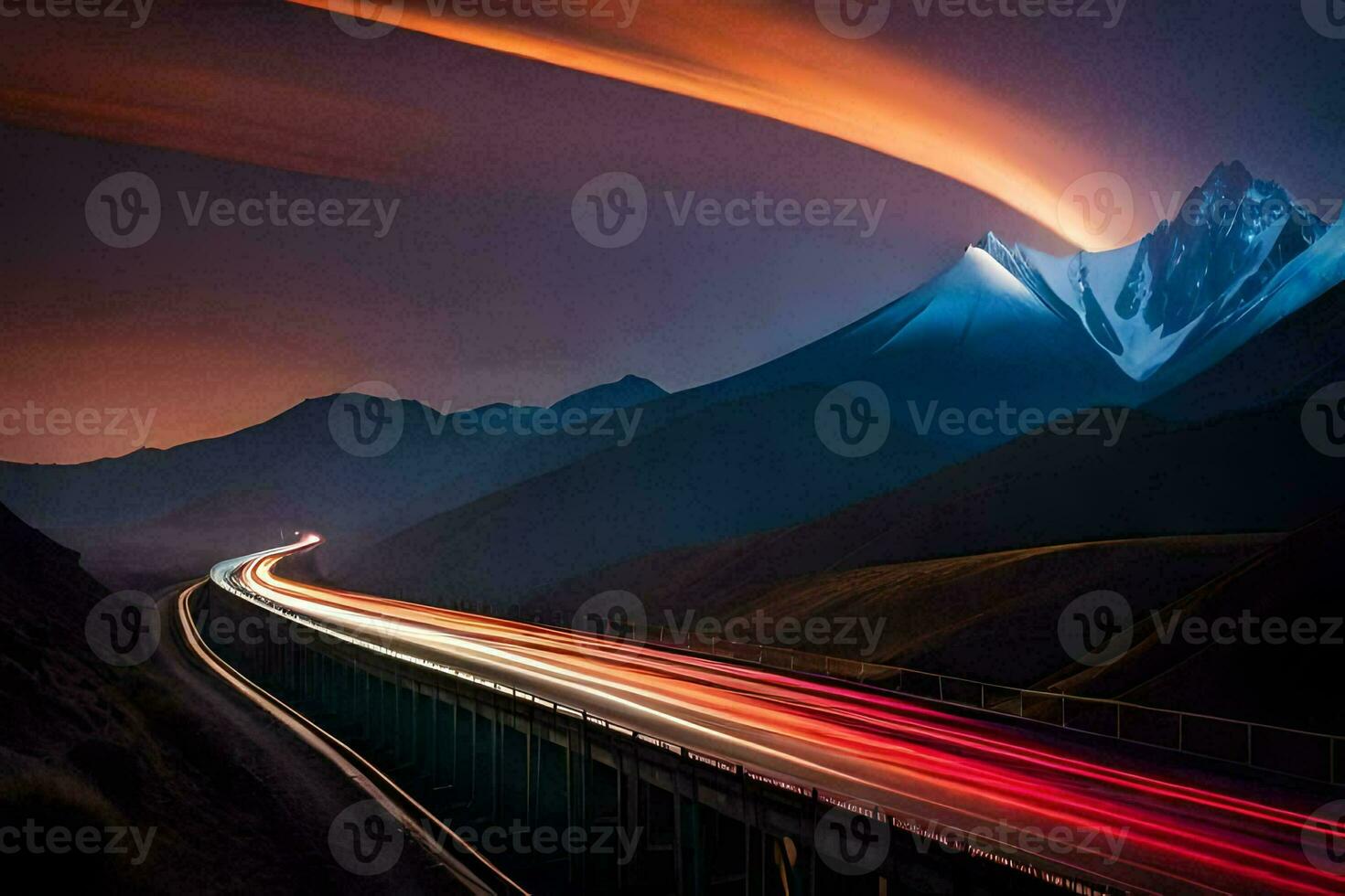 a long exposure photograph of a mountain road at night. AI-Generated photo