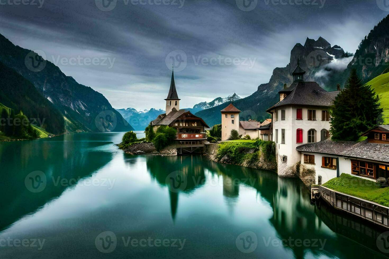 un hermosa lago y un montaña pueblo en el montañas. generado por ai foto