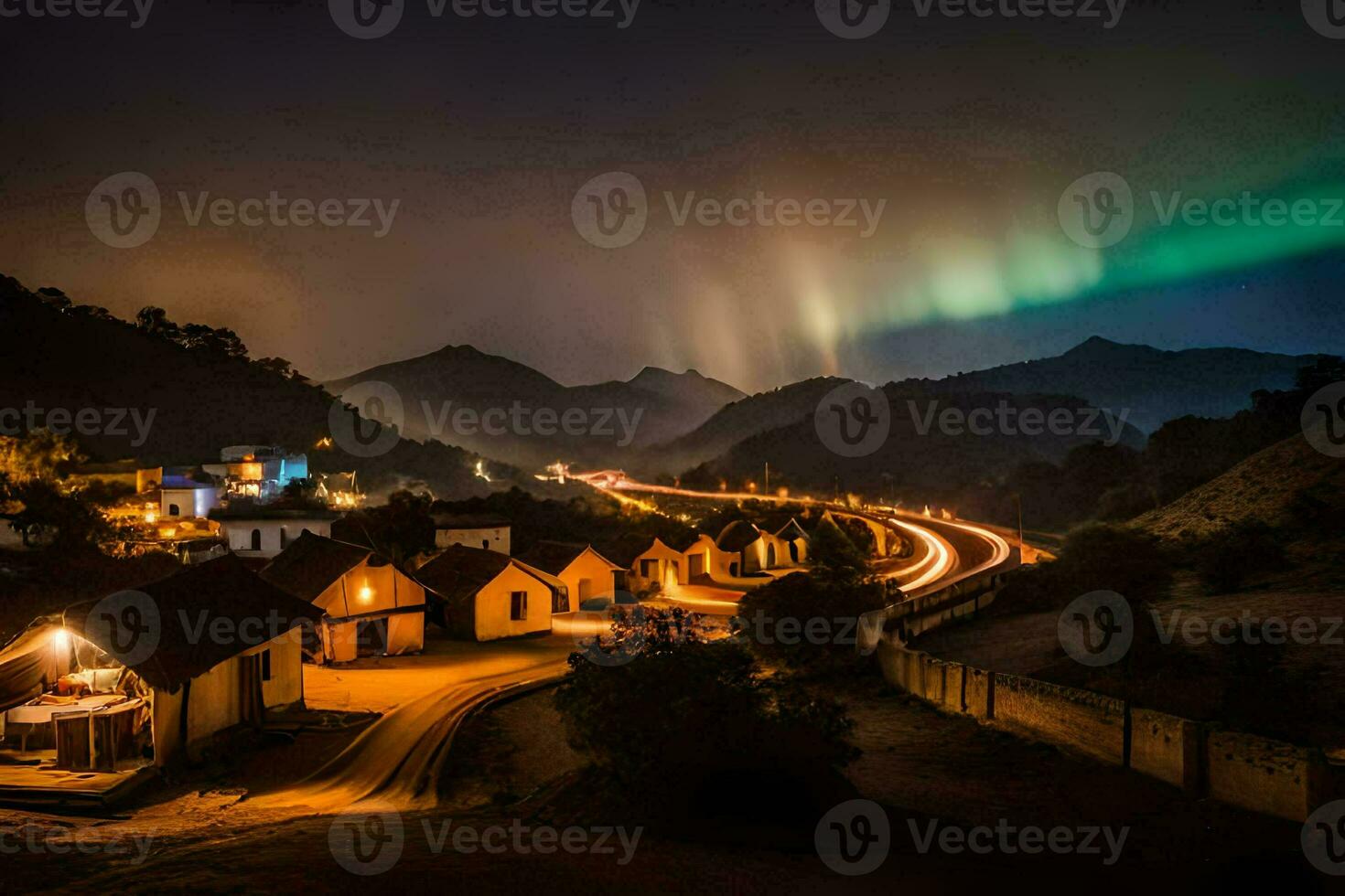 the aurora bore lights up the sky over a town. AI-Generated photo