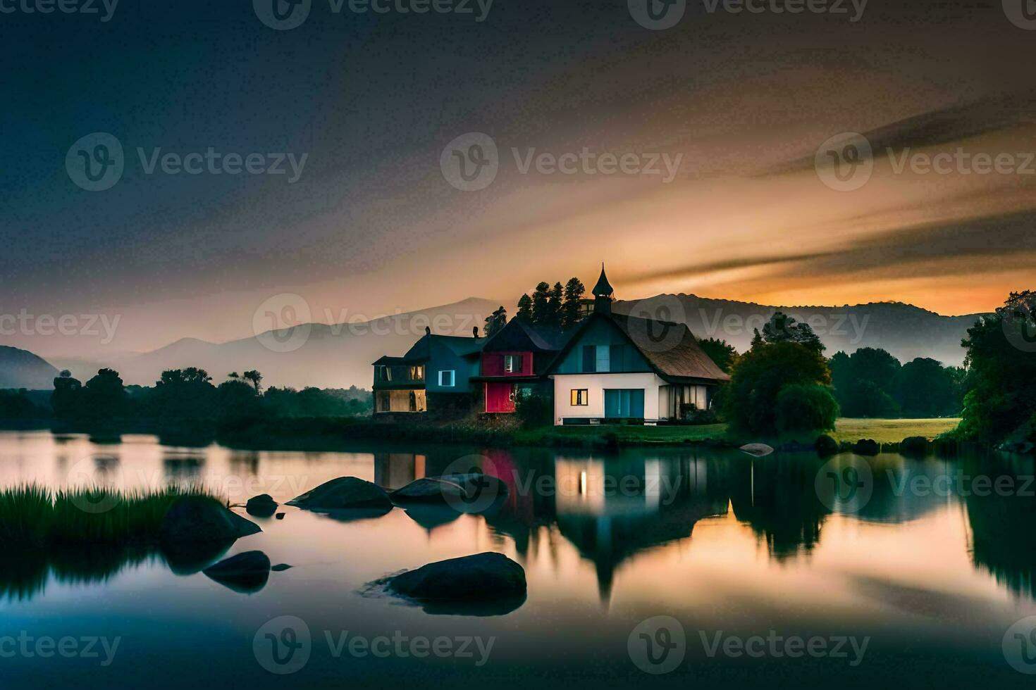 a house sits on the shore of a lake at sunset. AI-Generated photo