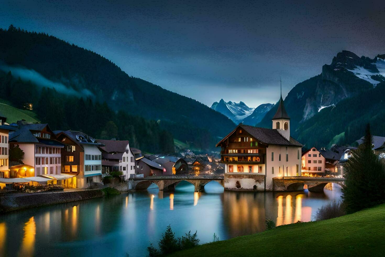 photo wallpaper the sky, mountains, river, town, house, house, house, house,. AI-Generated