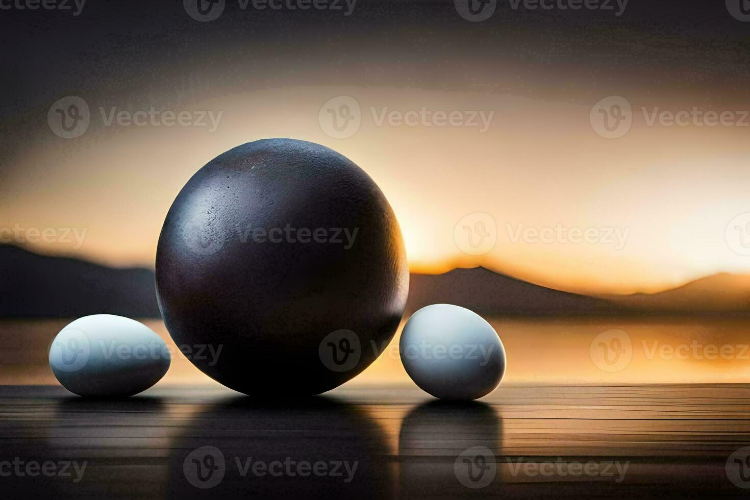 three eggs are sitting on a table with a sunset in the background. AI-Generated photo