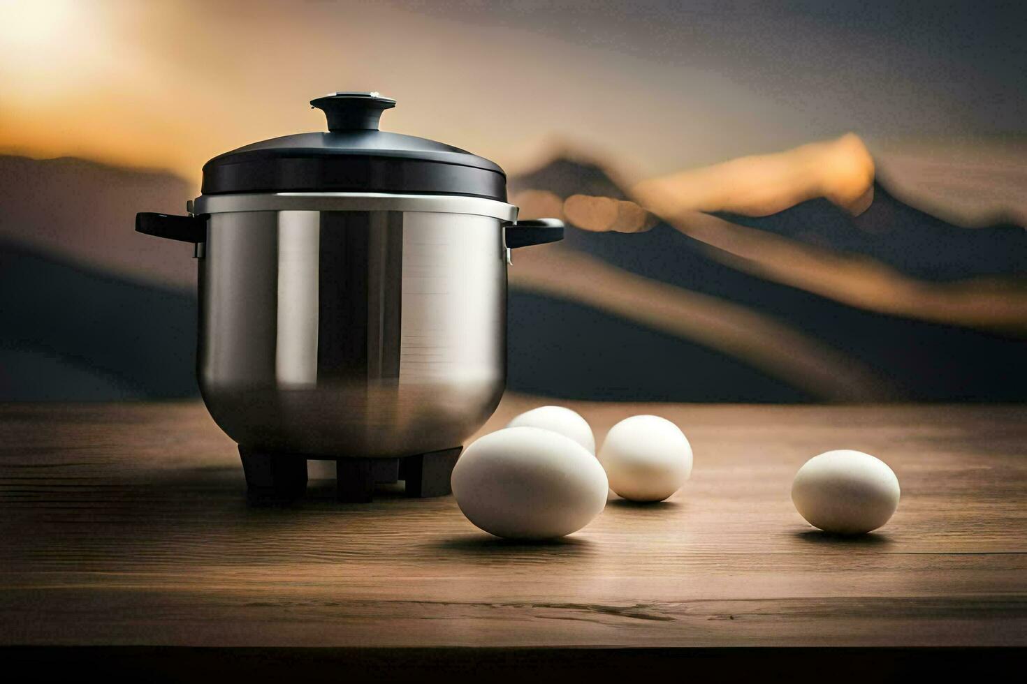 eggs on a table with a pot and a pan. AI-Generated photo