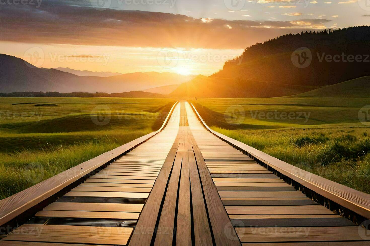 a wooden bridge leads to the sun in the distance. AI-Generated photo