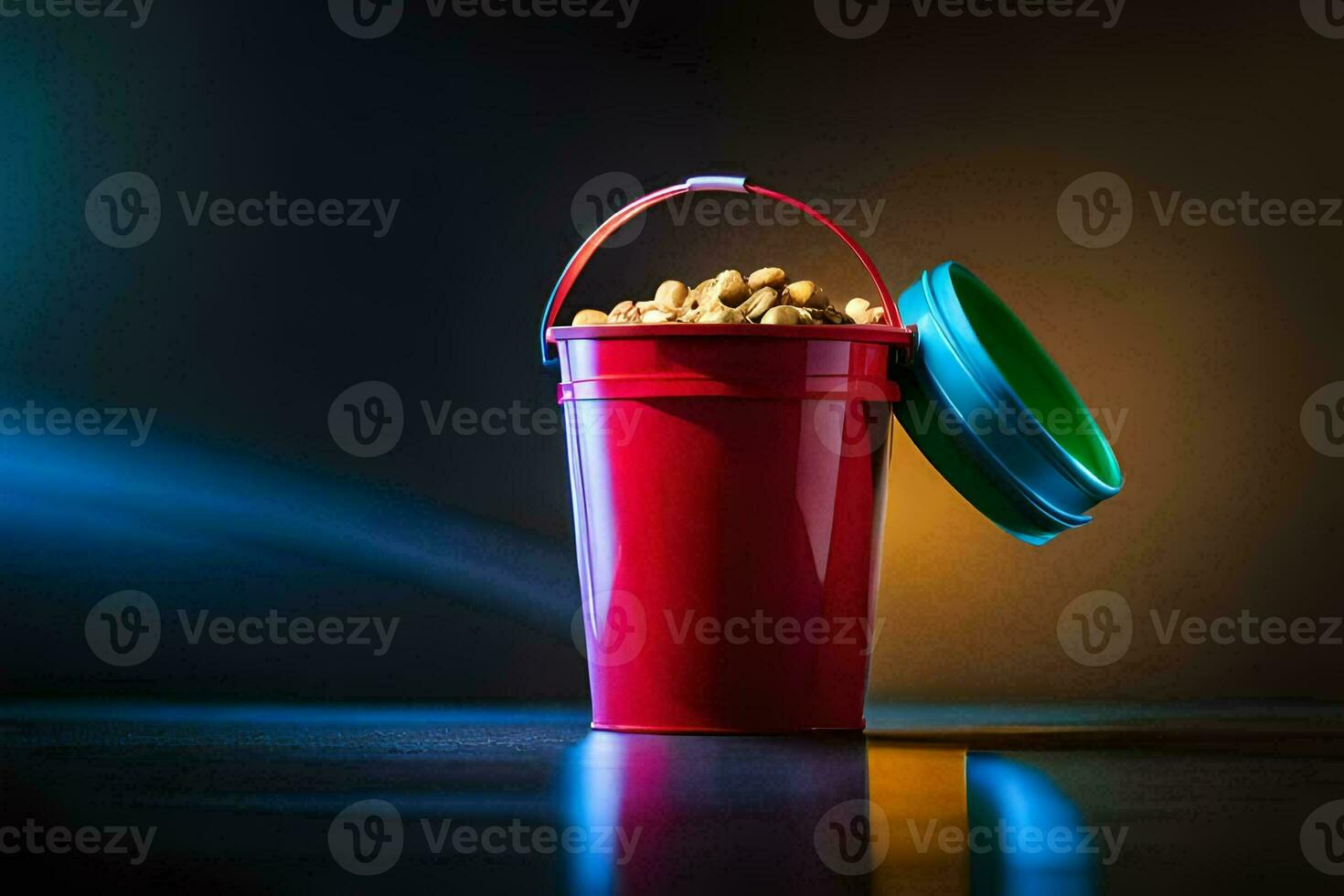 a red bucket with peanuts in it. AI-Generated photo