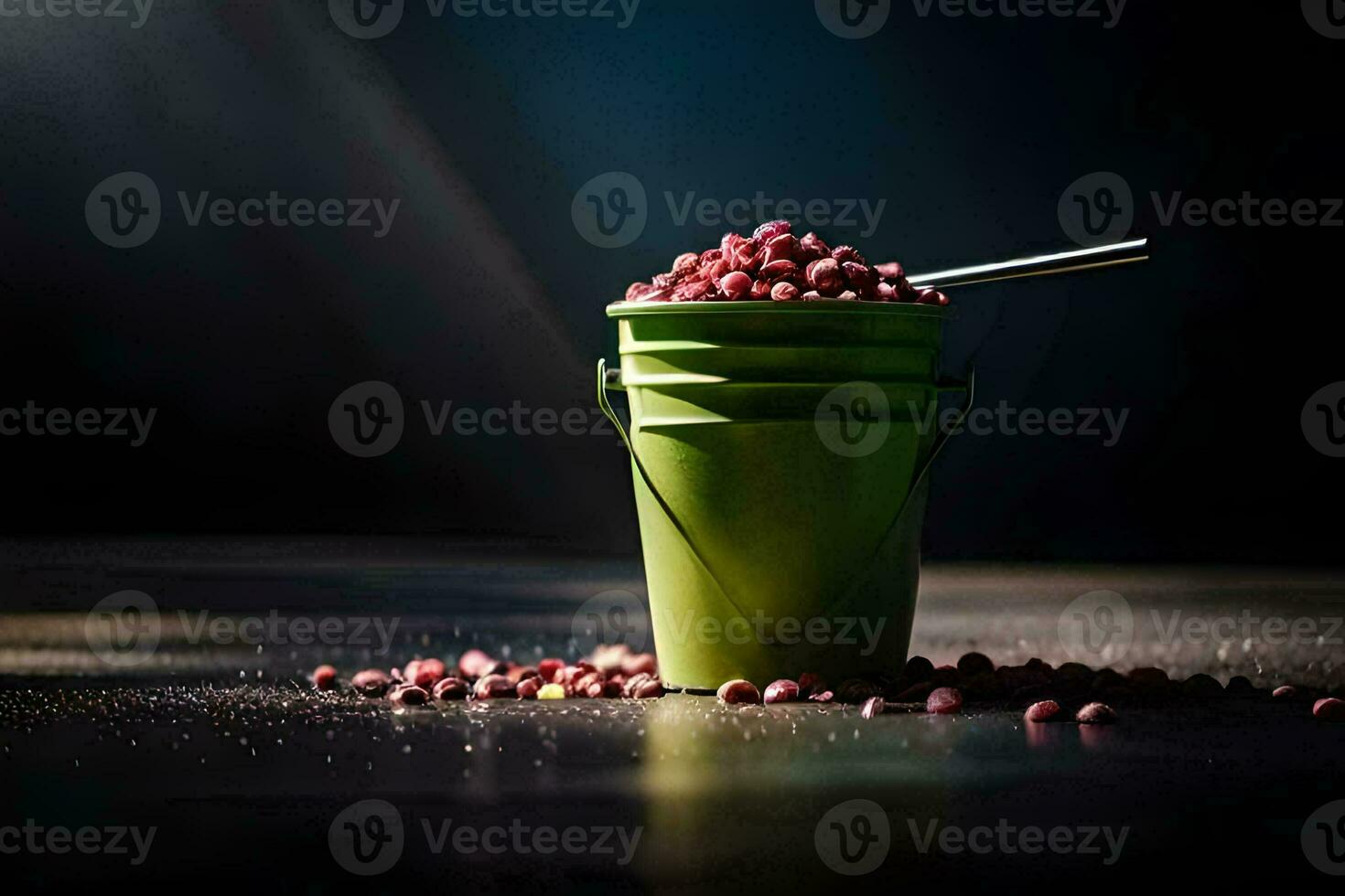 a bucket filled with cranberries on a dark surface. AI-Generated photo