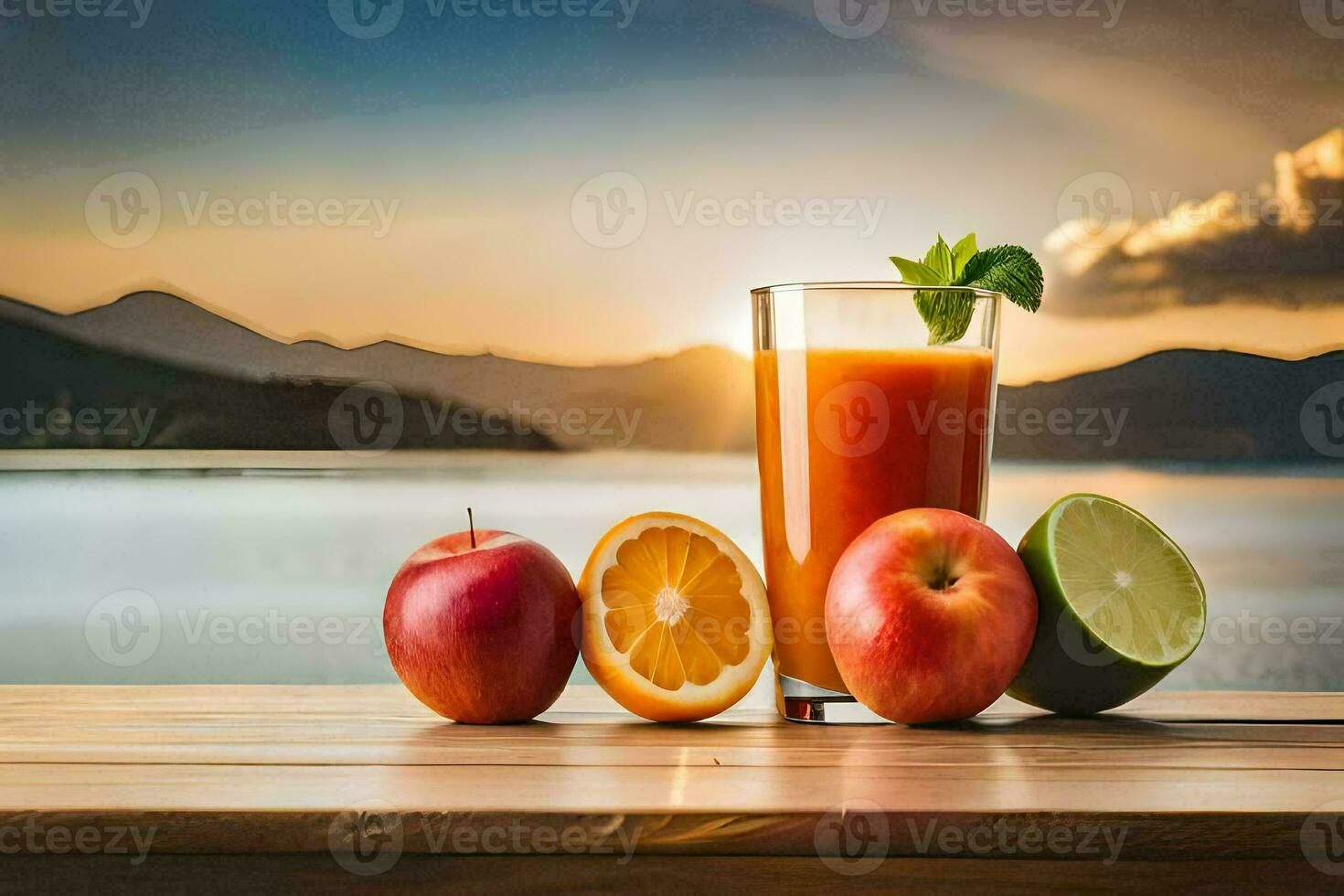 a glass of juice with oranges, apples and lime. AI-Generated photo
