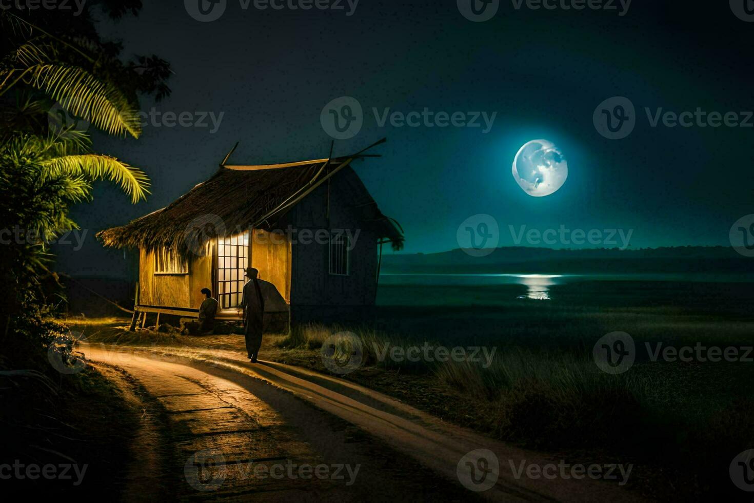 a small hut is on the side of a road at night. AI-Generated photo