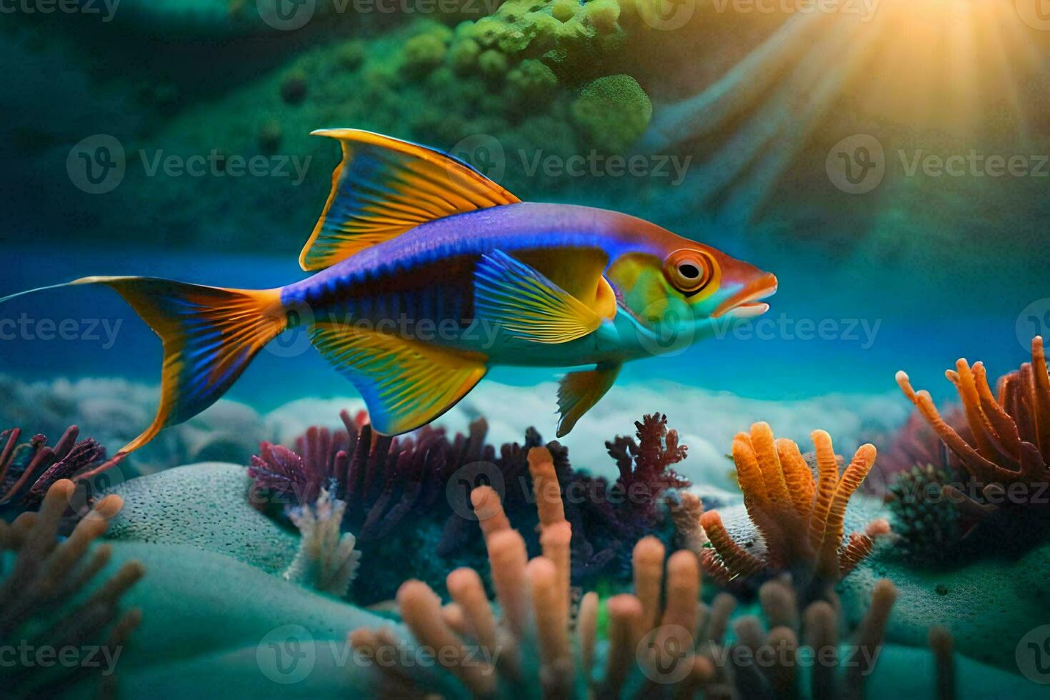 a fish swimming in the ocean with coral reefs. AI-Generated photo
