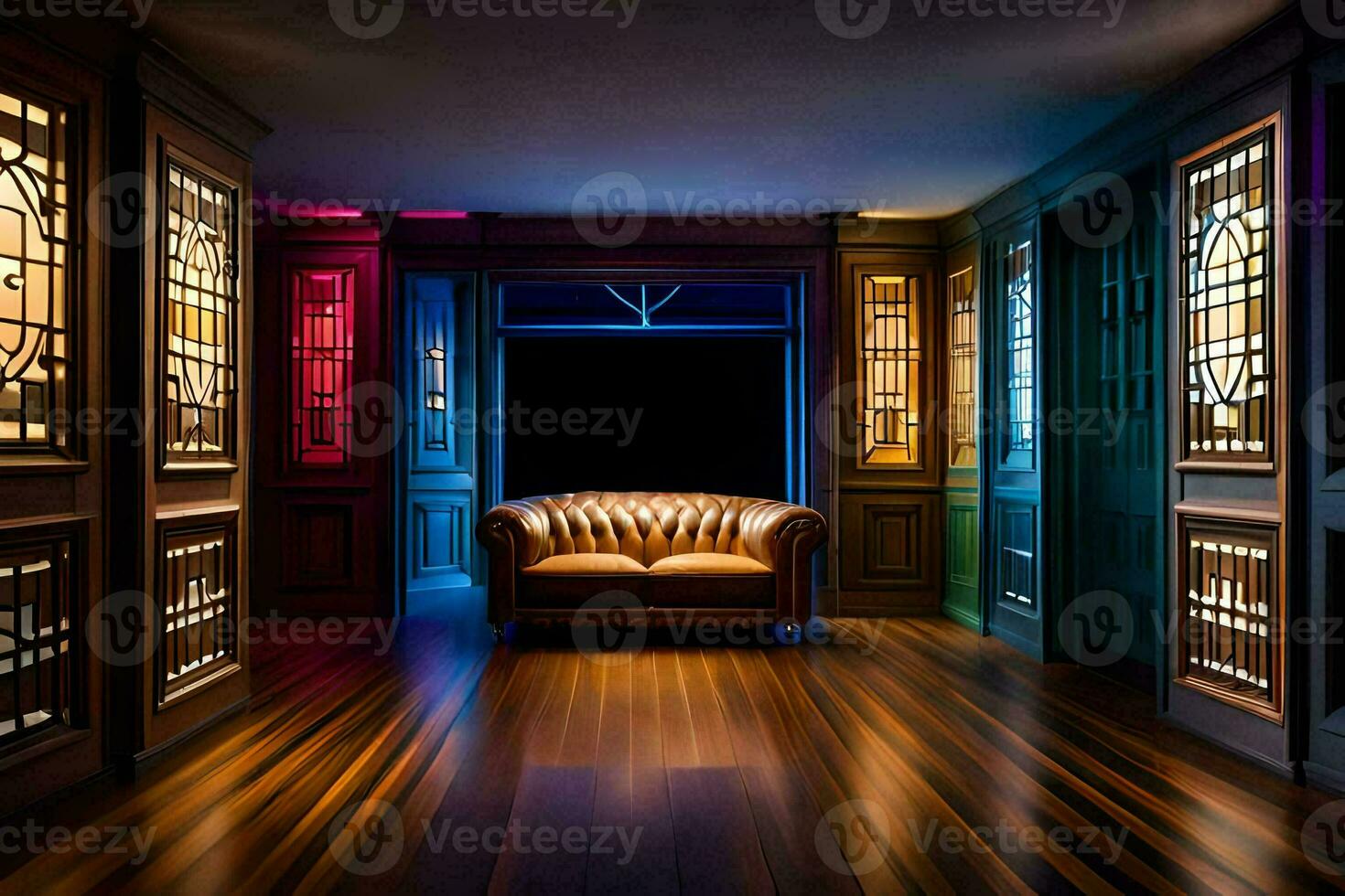 a room with a leather couch and colorful windows. AI-Generated photo