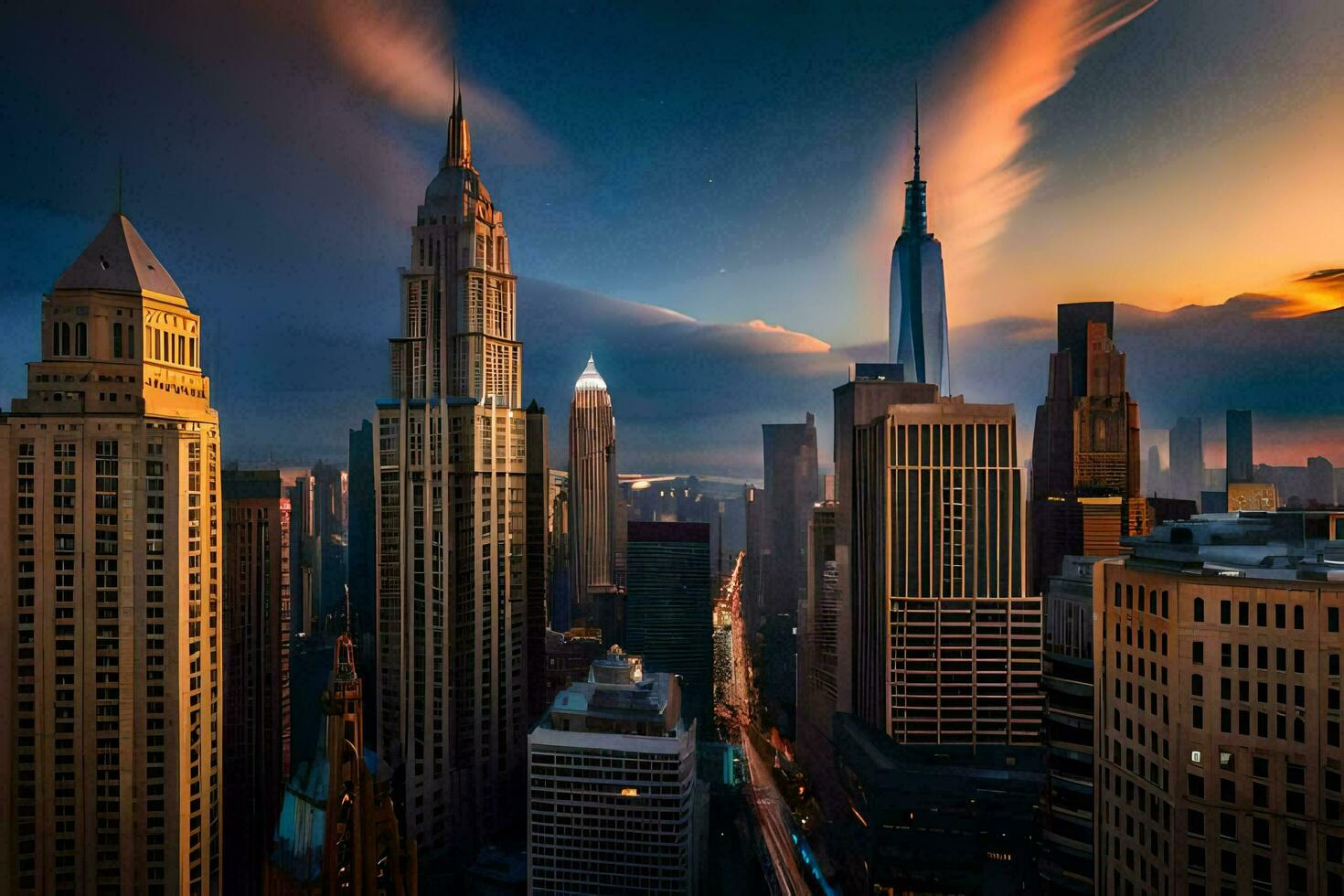 the city skyline at sunset with clouds in the sky. AI-Generated photo