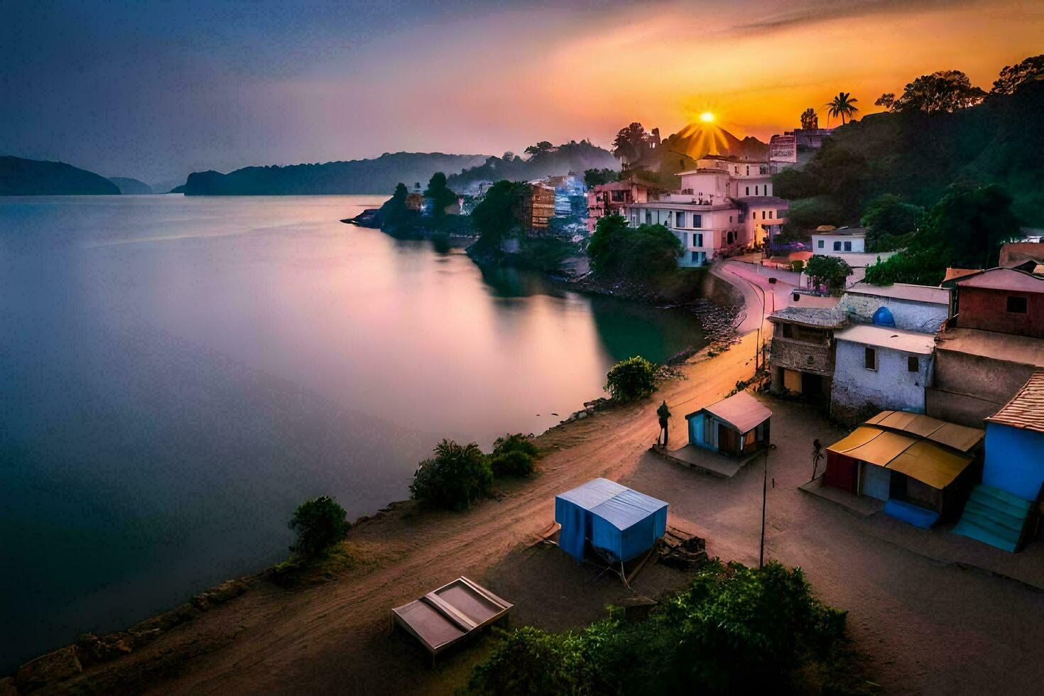 a beautiful sunset over a small town on the shore of a lake. AI-Generated photo