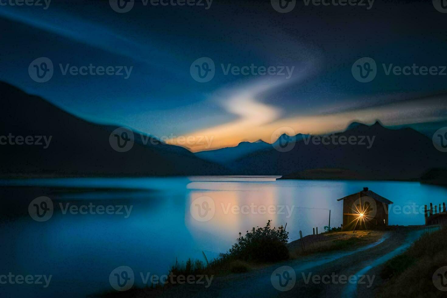 un pequeño cabina se sienta en el lado de un lago a noche. generado por ai foto