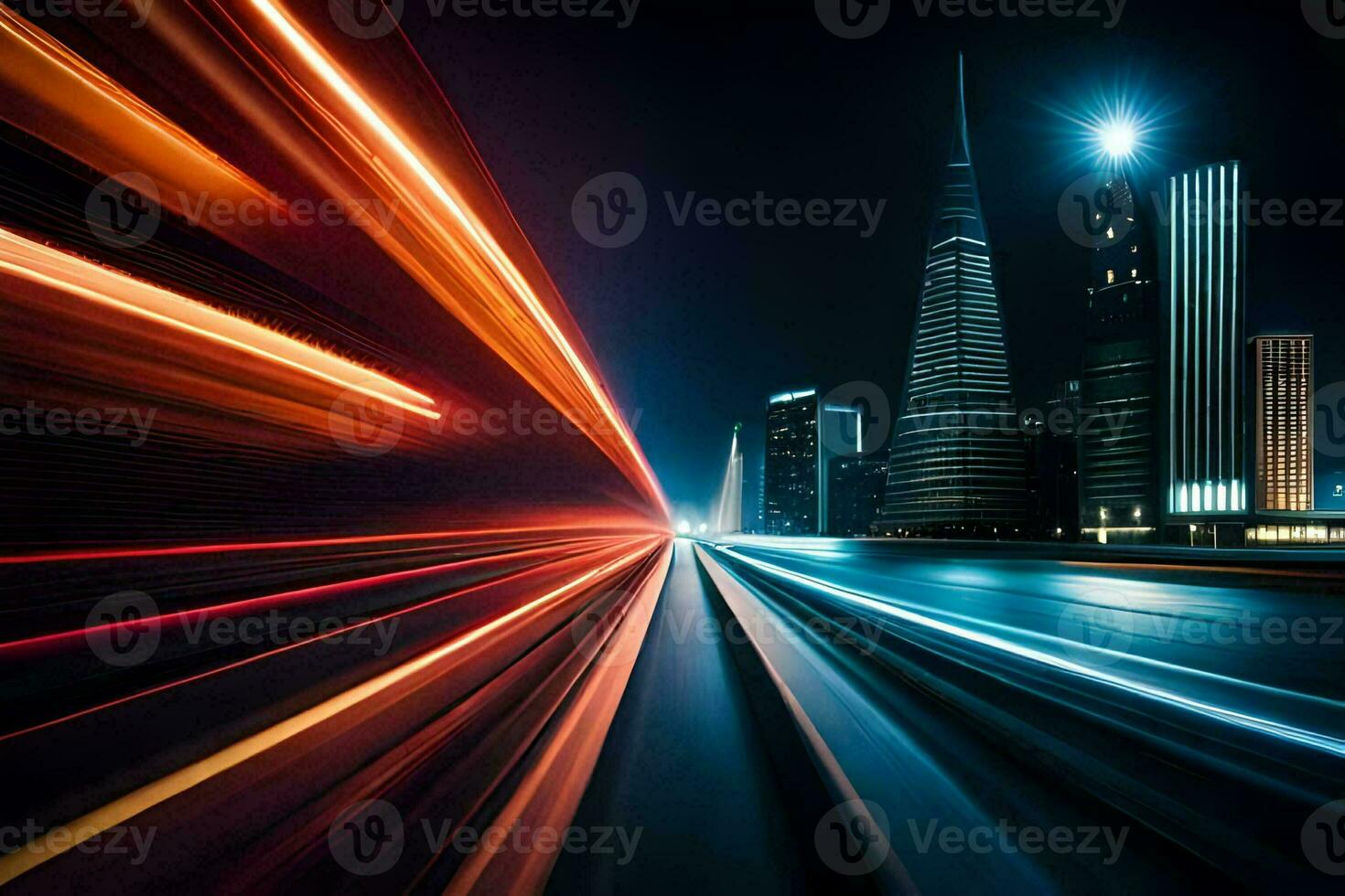 a city at night with light trails. AI-Generated photo