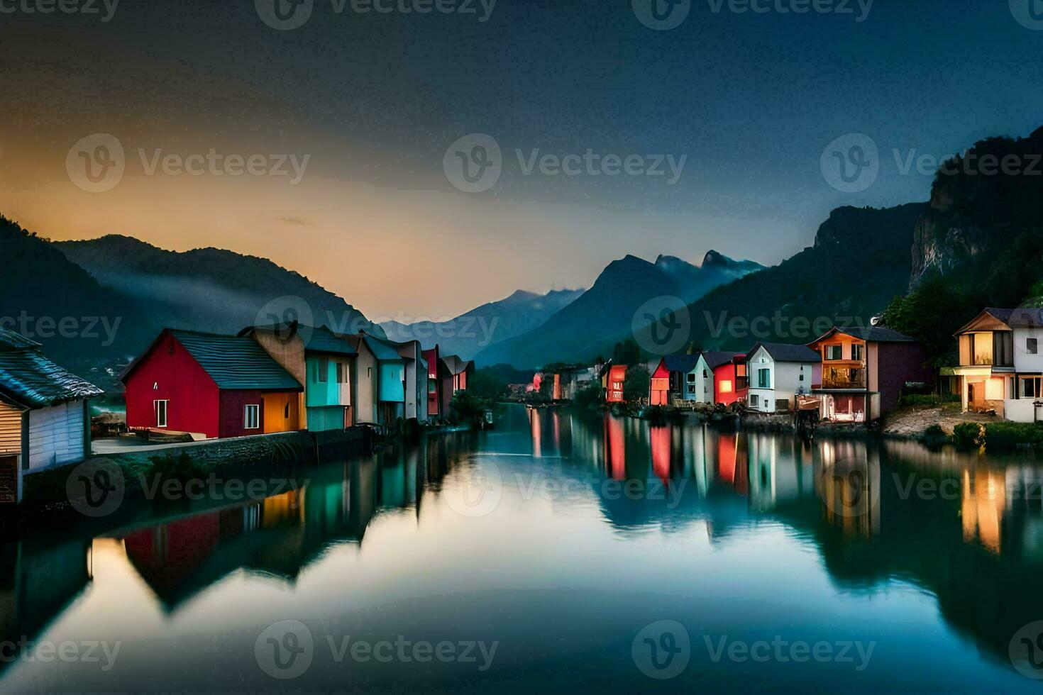 colorful houses on the water at sunset. AI-Generated photo