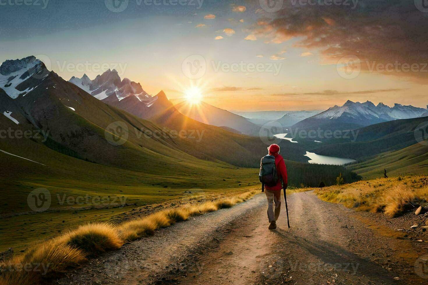 a person walking on a road in the mountains. AI-Generated photo